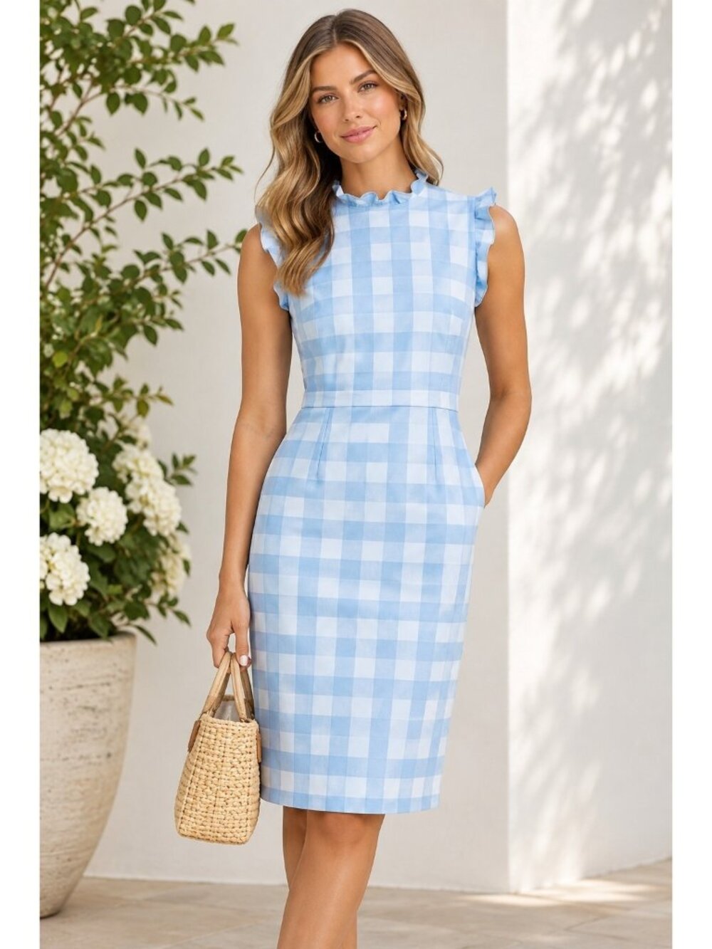 J.Crew Ruffle Trim Sheath Dress Womens 4 Blue Gingham Crepe Sleeveless NWT